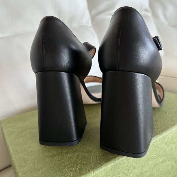 NEW GUCCI JUMBO HEELS HORSEBIT BLACK LEATHER GOLD SZ 38.5 Sandals Shoes - Picture 12 of 13
